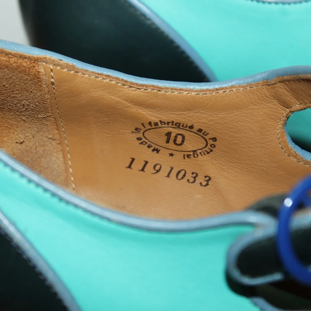 John Fluevog Teal & Navy Mary Jane Heels.  Sz. 10 - Picture 5 of 12